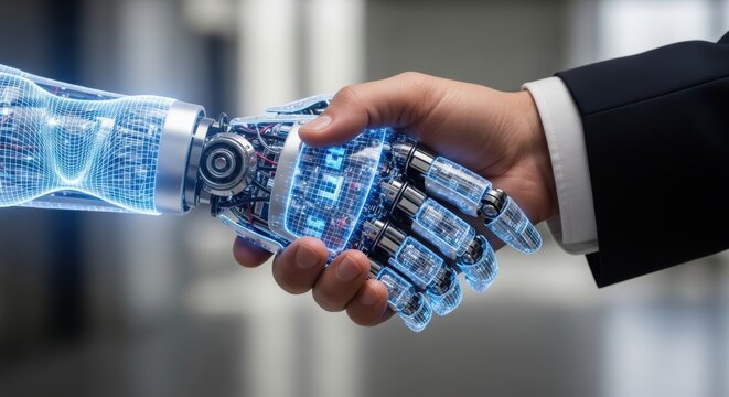Human hand shaking a glowing robotic hand depicts future technology innovation artificial intelligence cooperation and futuristic partnership