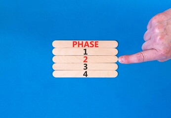 Time to phase 2 symbol. Concept word Phase 1 2 3 4 on beautiful wooden sticks. Businessman's hand. Beautiful blue background. Business planning and time to phase 2 concept. Copy space.