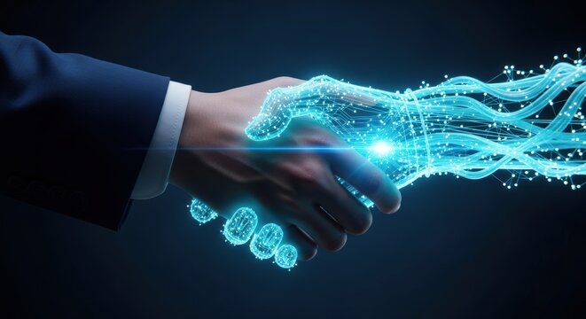 Digital handshake between human and technology depicts collaboration innovation and future partnership for business success - Powered by Adobe