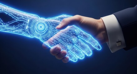 Human and robotic hands shake in a futuristic business agreement depicting innovation and connection