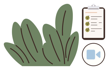 Large green leaves beside clipboard with checklist and video call icon. Ideal for productivity, sustainability, eco-awareness, remote work, project planning, modern lifestyle, simple flat metaphor