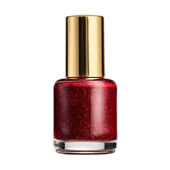 Glittery red nail polish bottle with gold cap. Isolated white background. Png format