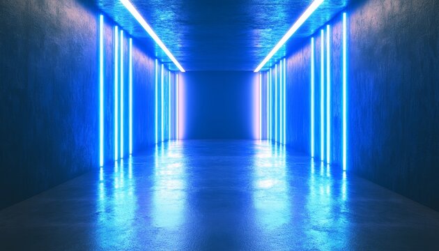 Futuristic Hallway with Neon Lights and Stylish Design Elements in a Vibrant Illuminated Corridor