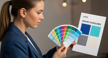 Professional designer analyzing color palette and brand guidelines for a new corporate identity project