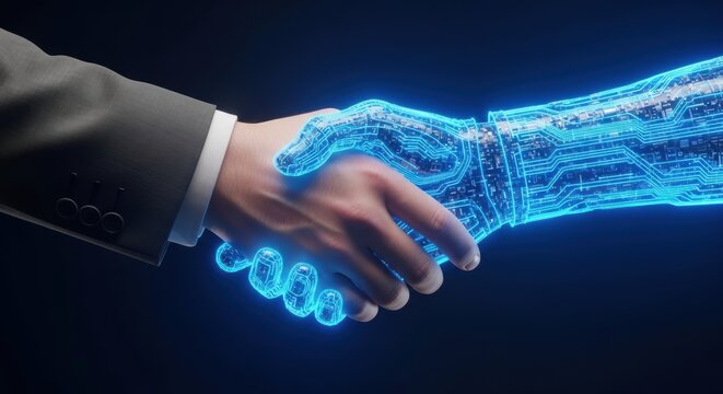 Human shakes hand with a digital circuit board hand conveying future technology and business solutions innovation in a connected world