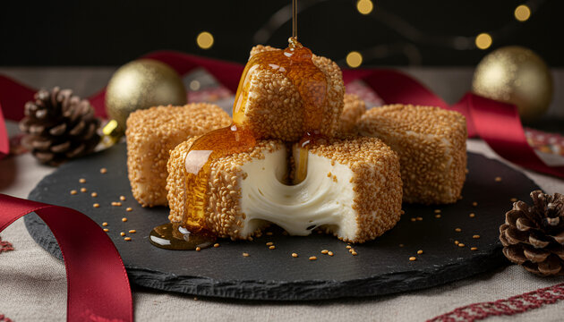 Cinematic Gourmet Tetilla Cheese Bites with Honey in Spanish Christmas Setting