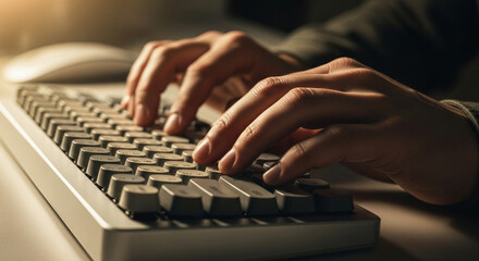 Fototapeta premium Typing Hands on Keyboard Close-up of Person Using Computer at Work