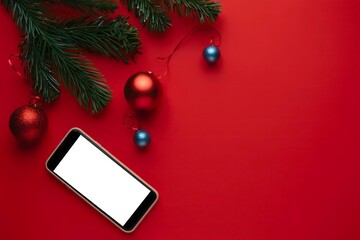 Christmas phone mockup on red background with ornaments and tree branch