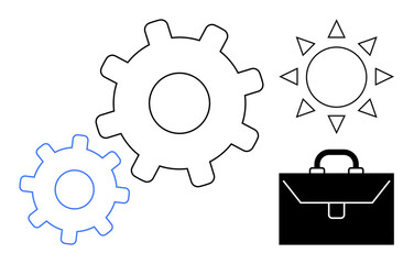 Interconnected gears, sunburst, and briefcase symbolizing industry, innovation, productivity, business, energy, strategy and progress. Ideal for workplace teamwork efficiency creativity