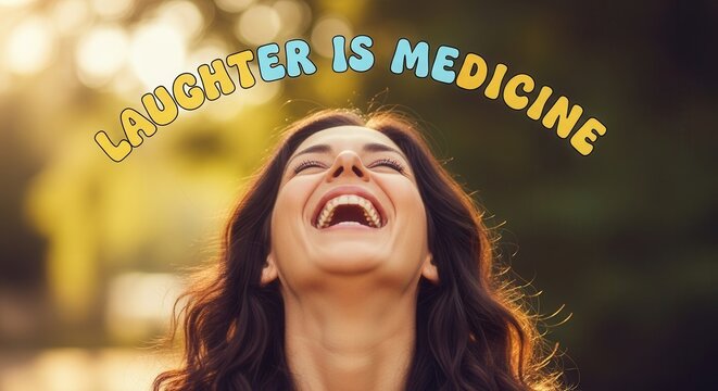 Joyful woman laughing freely in golden sunlight, embracing wellness and positivity with the message 'Laughter is Medicine' above her head