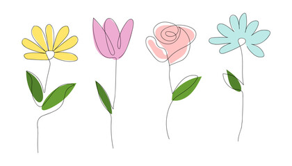 Four delicate line art flowers in pastel colors on white background
