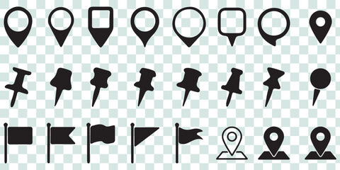 location icon, map pin icons in outline, black, and red styles. for maps, GPS, navigation apps, location markers, address indications, and geolocation interfaces