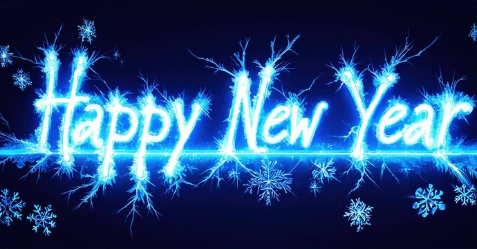 Bright blue text spells Happy New Year. Snowflakes surround words, creating festive, celebratory mood. Dark background enhances glow.