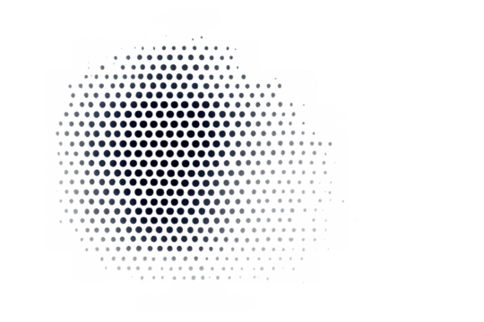 Abstract blue halftone hex dots pattern creating fading grid on transparent background for modern designs