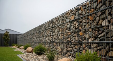 Long gabion fence filled with natural stone and rocks. Retaining wall structure made from wire mesh basket for landscaping and garden design.