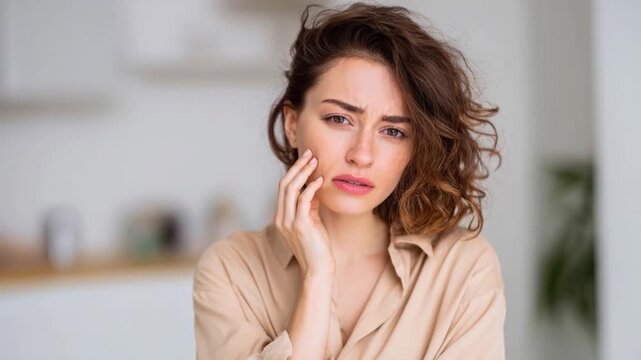 Woman with toothache holding her cheek in pain for wisdom tooth