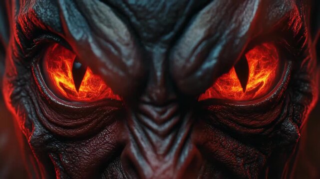 Intense closeup of a textured demonic face with glowing reptilian eyes, conveying dark fantasy themes and supernatural horror elements - Powered by Adobe