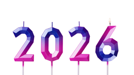 Gradient blue and pink number candles forming year 2026 with one candle lit on transparent background