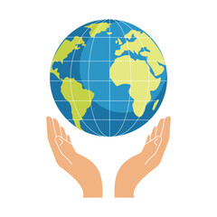Illustration of caring hands holding the globe, symbolizing global protection, environmental responsibility, sustainability, and worldwide unity