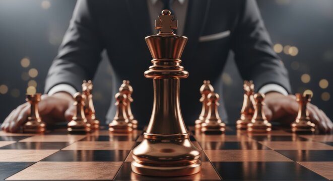 Strategic chess game with focused player and metallic pieces implying business strategy and thoughtful planning on a checkered board