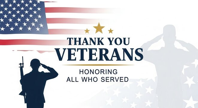 Patriotic tribute for veterans on Veterans Day honoring military service with American flag and saluting soldiers for social media or print