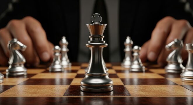Silver king chess piece stands prominently on a chessboard during a strategic game showcasing intellect and competition