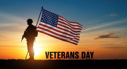 Fototapeta premium Remembering our heroes this Veterans Day a soldier stands silhouetted against a sunset, holding the American flag high in patriotic remembrance