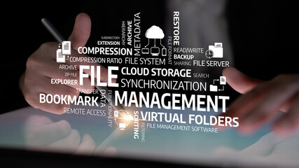 This image illustrates hands engaging with a digital interface showcasing file management concepts, highlighting cloud storage, synchronization, and data organization solutions. Tessel