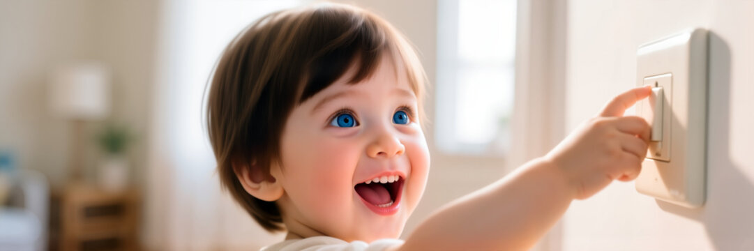 Happy child playing with light switch in bright home environment  