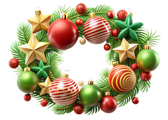 Festive Christmas Wreath with Red and Green Baubles Golden Stars and Pine Foliage for Holiday Decor