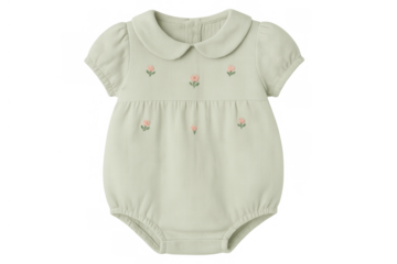 Sage green baby romper with peter pan collar and delicate embroidered flowers, comfy infant bodysuit for soft baby skin