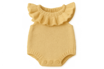 Yellow knitted baby romper with ruffles and snap buttons, infant clothes for comfort and style, transparent background