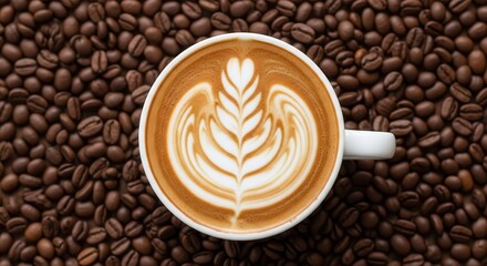 Indulge in a creamy latte with stunning latte art surrounded by rich coffee beans, perfect for a morning boost or a cozy cafe vibe