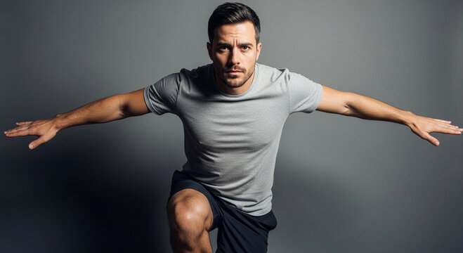 Athletic man in motion, stretching his arms while lunging for dynamic exercise, a portrait of fitness and dedication to health - Powered by Adobe