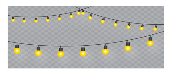  Golden fairy lights garland for festive decor. Warm bulbs for holidays celebration isloated on transparent background