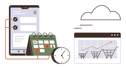 Smartphone checklist, calendar, clock, chart with shopping carts, cloud connectivity. Ideal for time management, e-commerce, analytics cloud storage planning productivity business growth. Simple