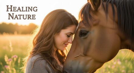 Woman embracing her horse in golden sunset light, a moment of serenity and connection with nature, perfect for wellness brands and equestrian lifestyle