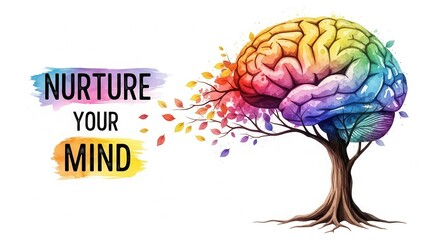 Vibrant brain tree inspires mindfulness, mental health, and growth - a powerful concept for wellness, education, and positive lifestyle promotion