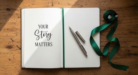 Inspiring journal for writers to pen their thoughts and dreams with a motivational message on rustic wood, paired with a pen and elegant green ribbon