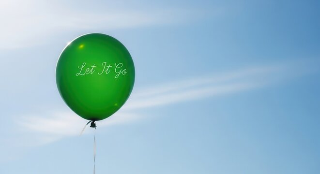 Embrace change with a vibrant green balloon floating against a clear blue sky and the words 'Let It Go' in elegant cursive, symbolizing freedom and release
