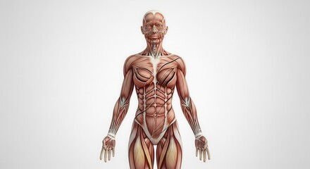Detailed anatomical rendering of human muscular system for medical study or educational resources, showcasing muscle structure and body anatomy