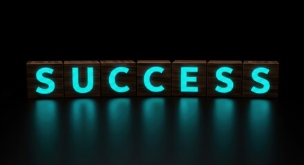 Illuminated success inscription on wooden blocks against a black backdrop representing achievement and ambition