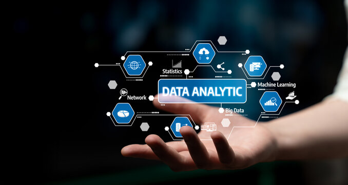 A conceptual image showcasing data analytics with various icons depicting statistics, machine learning, and networks, emphasizing technological growth and insight. Tessel