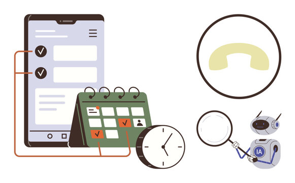 Mobile checklist app, desk calendar, clock, call icon, magnifying glass, and AI robot. Ideal for productivity, time management, organization technology workflow optimization scheduling