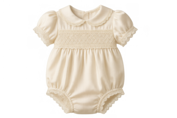 Baby romper in cream color featuring smocking, lace trim, and a classic collar. Ideal infant clothing for special occasions. Transparent background