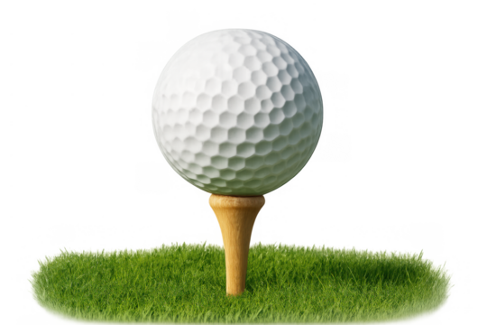 Golf ball resting on a wooden tee embedded in green grass, ready for a swing, transparent background