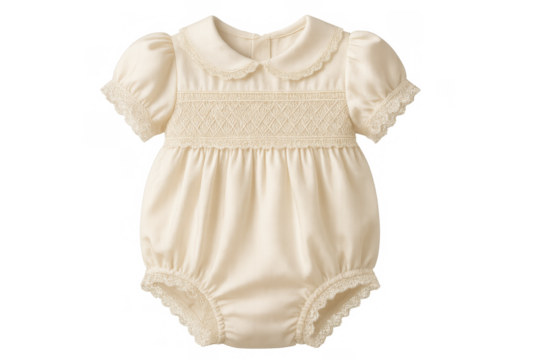 Baby romper in cream color featuring smocking, lace trim, and a classic collar. Ideal infant clothing for special occasions. Transparent background