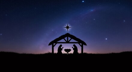 Silhouette of Mary, Joseph and baby Jesus in a manger under the Star of Bethlehem. Christmas nativity scene for holiday greeting card.