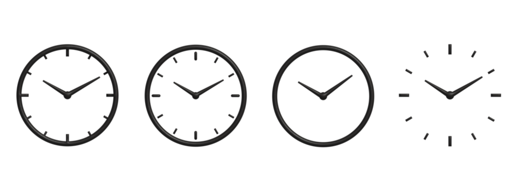 Analog Clock Icon Set on Transparent Background. Design Ideal for Apps, UI/UX, Presentations, Business Graphics, Schedules and Time Management Concepts.