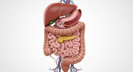 Detailed illustration of the human digestive system showcasing key organs like the liver, stomach, and intestines for medical education and health awareness